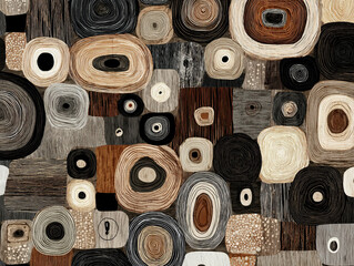Fototapeta premium Seamless woodgrain pattern with organic lines and shapes in earth tones, neutral brown, grey, and black accents in a modern boho vector doodle design style.