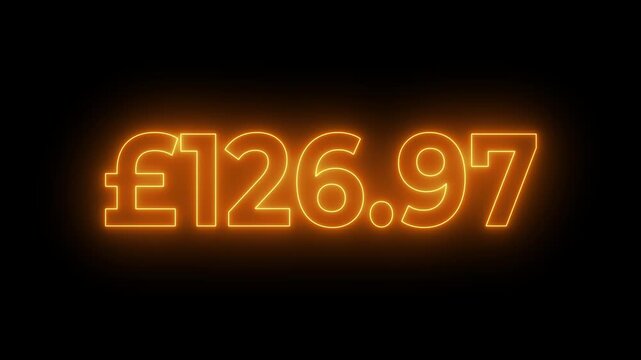 Glowing neon british pound currency money counter counting from 0 to 200 on black background.