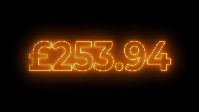 Glowing neon british pound currency money counter counting from 0 to 400 on black background.