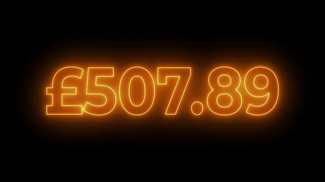Glowing neon british pound currency money counter counting from 0 to 800 on black background.