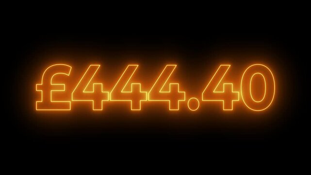 Glowing neon british pound currency money counter counting from 0 to 700 on black background.