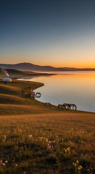 Stunning golden sunset over serene Mongolian lake landscape with traditional ger camp.