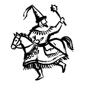 Cossack rider on horseback with ceremonial mace ink sketch style