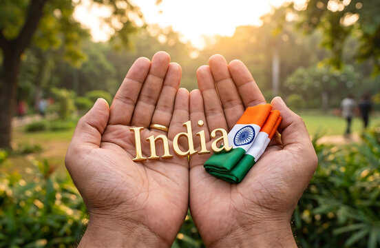 hand holding a indian national flag and 'india' Text.