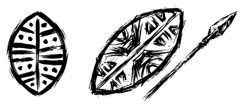 African tribal shields and spear with traditional patterns hand drawn sketch style