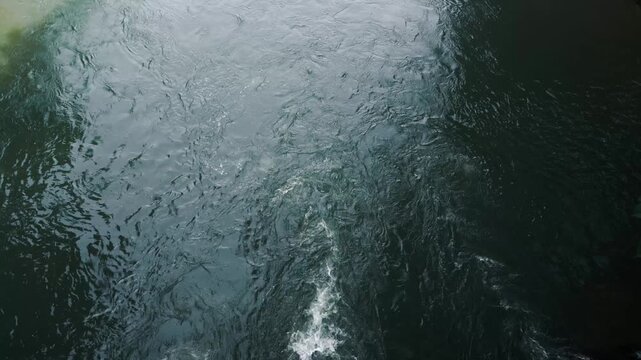 Flow of River Water Filled with Swirls and White Foam, Top Down View of Flowing River Water. Nilambur Chaliyar river