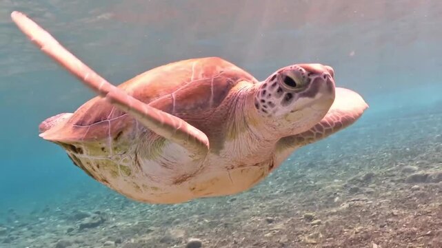 Green Sea Turtle Swimming Underwater in Clear Tropical Blue Ocean