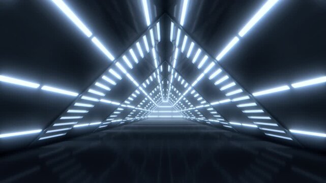 Dark Futuristic Triangle Neon Tunnel Loop Background with Blue Lights, Sci-Fi Infinite Corridor 4K