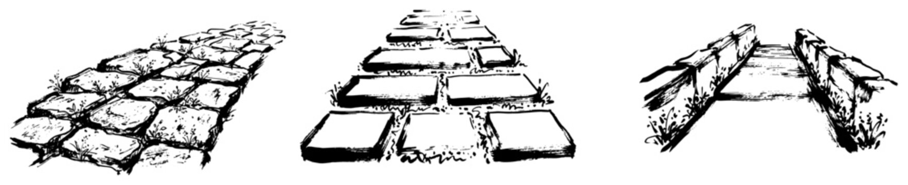 Stone path and pavement collection with different perspectives in artistic ink sketch style