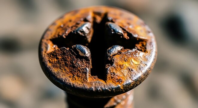 Extreme macro close-up of a rusty metal screw head showing oxidation