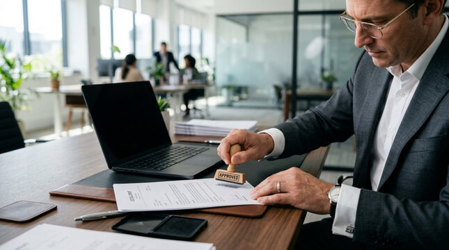 Business man stamping contract in modern office with laptop, busy workplace background