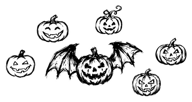 Halloween pumpkins with central jack o lantern bat wings in detailed ink sketch style