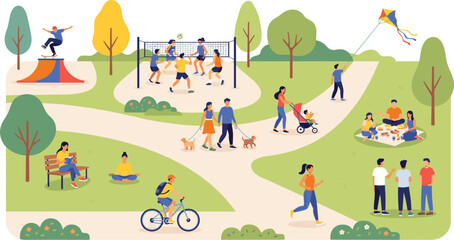 People enjoying various outdoor activities in a vibrant and green city park. © Mominul