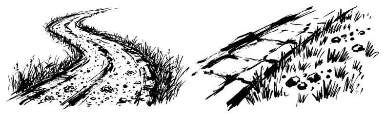 Obraz premium Winding dirt road and stone path through field hand drawn sketch style