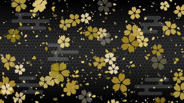 cherry blossoms 01 gold confetti gold fall pattern01 ekasumi asanoha loop （black background）