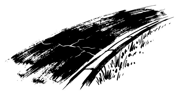 Cracked asphalt road with curb and grass in perspective hand drawn sketch style
