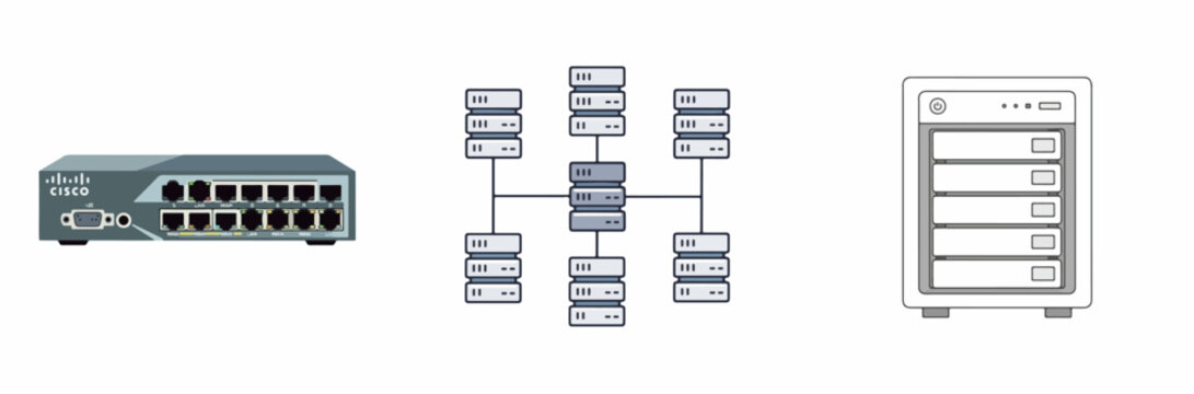Cisco Network Switch Connecting Servers to Storage Rack Illustration