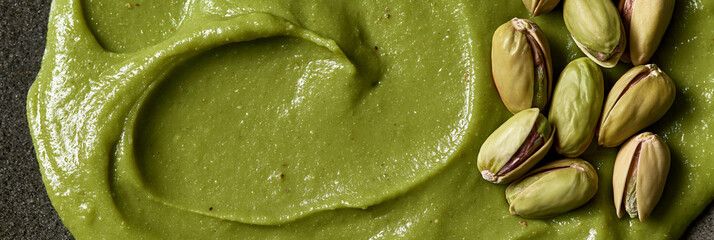 Fototapeta premium pistachio kernels and cream texture closeup, luxury pistachio cream and nut texture macro composition, premium green pistachio ingredient texture with smooth cream