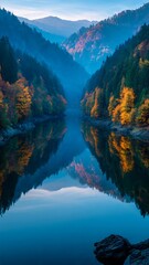 Stunning autumn forest landscape reflection on calm lake water. © Kancil