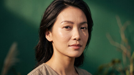 Fototapeta premium portrait of a confident east asian young adult woman looking at camera against a green background