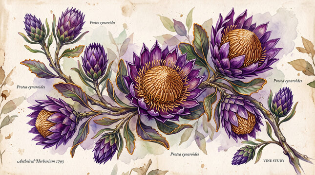 vintage botanical watercolor illustration of purple king protea flowers on aged paper