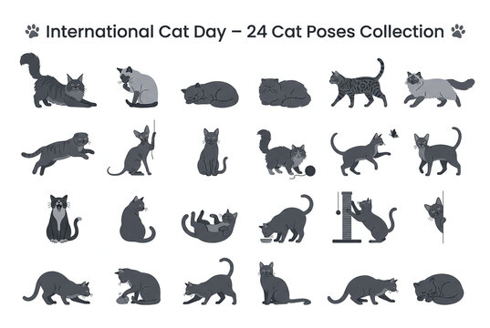 International Cat Day Cat Silhouette Pose Collection Set Flat Vector Illustration Bundle