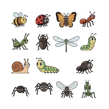 Collection of colorful cartoon insects and bugs.
