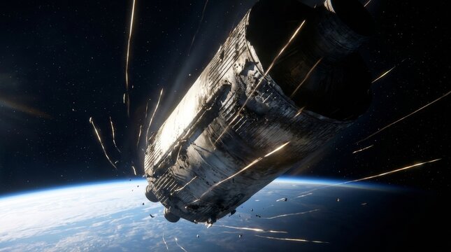 Heavily damaged rocket stage tumbling with debris trails near Earth