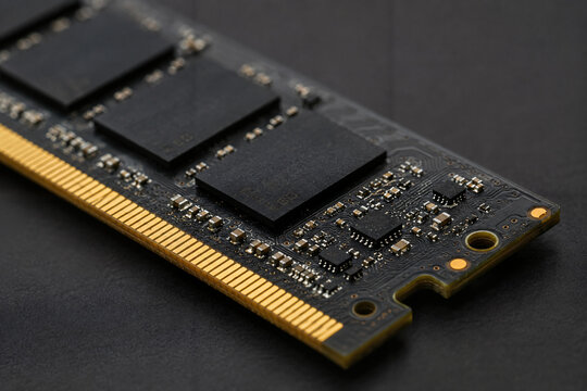 Close up of a DDR random access memory stick, electronic computer component