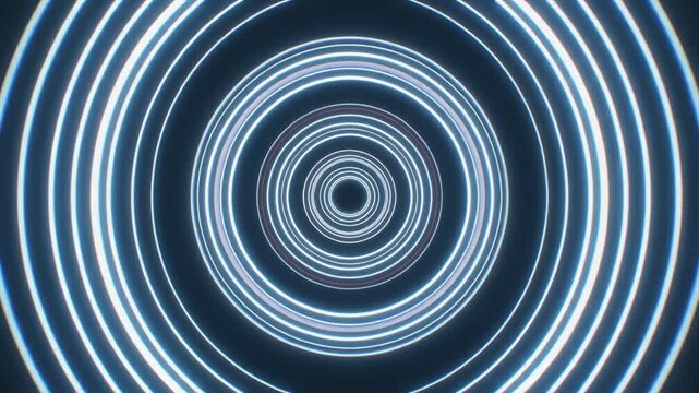 Abstract futuristic background featuring glowing blue neon circles creating an infinite light tunnel effect in deep space.