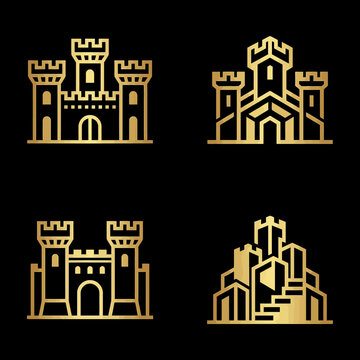 Golden castle line art icons set on black background.