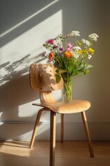 Obraz premium Sunlit chair with vibrant wildflower bouquet.