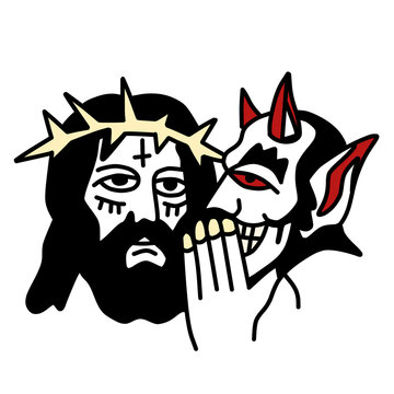 Devil whispering to jesus vector illustration.