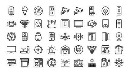 Fototapeta premium Smart home automation line icons, 45 internet of things vector elements, modern IoT technology symbols for mobile app interface and web design