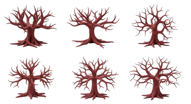 3d rendered collection of red leafless trees on a white background natures cycle design