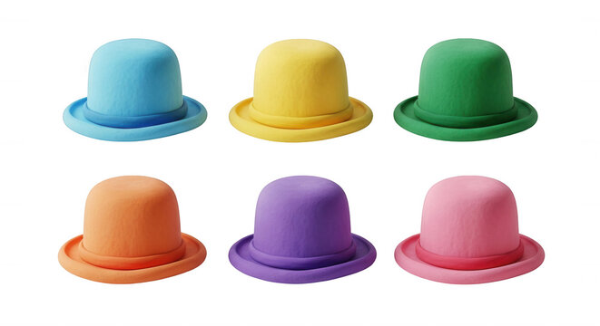 colorful hats arranged in a 2x3 grid studio shot on a white background useful for fashion design or playful concepts