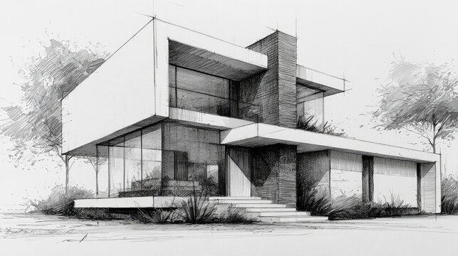 Modern minimalist residential house with flat roof and large glass windows