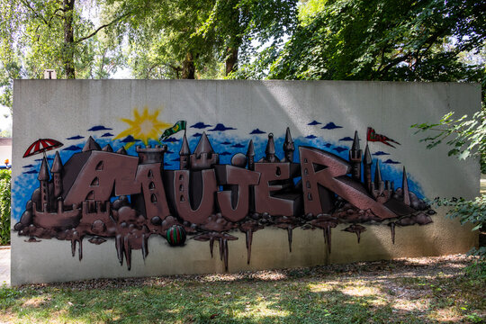 Graffiti mural of a castle on wall outdoors, Germany, Bavaria, Augsburg, 2 August 2026