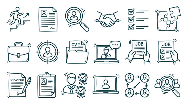 Doodle icon set representing job search, recruitment process and career development for hr manager, perfect for recruitment presentation, hiring website banner and career portal marketing