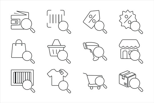 Minimalist line art ecommerce shopping search icon set featuring wallet barcode discount shopping bag basket store and cart symbols on white background.