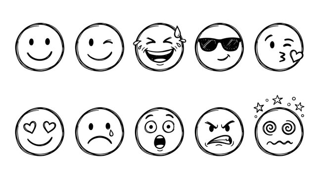 Hand drawn black doodle emoji icons with various facial expressions on white background, perfect for feedback rating system, social media posts and chat messaging design