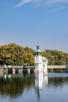 Water Control Tower at Lake with Forest Background, Germany, Bavaria, Augsburg Kuhsee, 2 August 2026