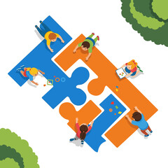 Fototapeta premium Children Collaborate in Outdoor Learning with Colorful Puzzle Shapes