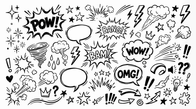 Set of hand drawn comic speech bubbles stars and sound effects on white background, perfect for creative graphic design, pop art illustration and comic book layout