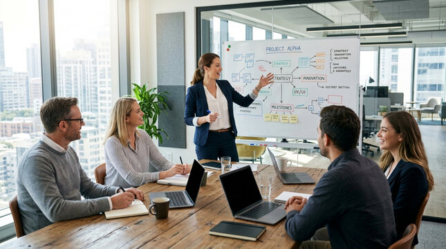 Business Team Meeting Presentation with Whiteboard and Laptops