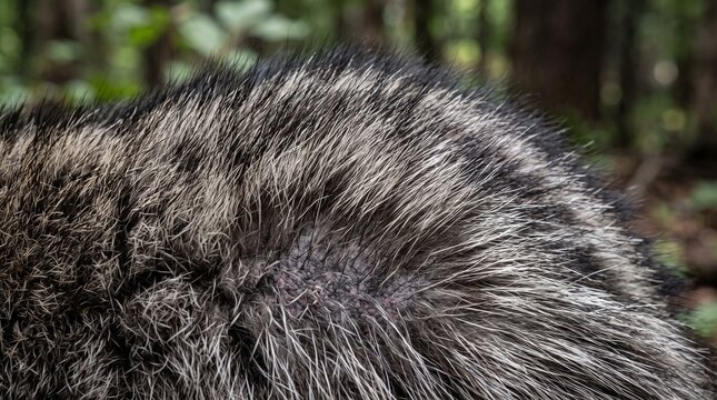 Close up of raccoon fur texture. Detailed animal hair background with natural pattern.