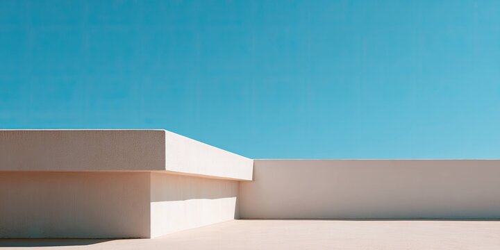 Modern minimalist white concrete building structure with clean lines and clear blue sky background