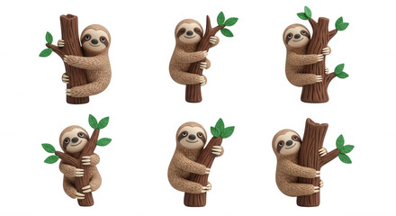 Obraz premium cute sloth cartoon characters clinging to tree branches white background for illustrations design and educational material