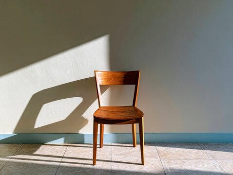 Wooden chair casting shadow on plain wall in minimalist interior setting