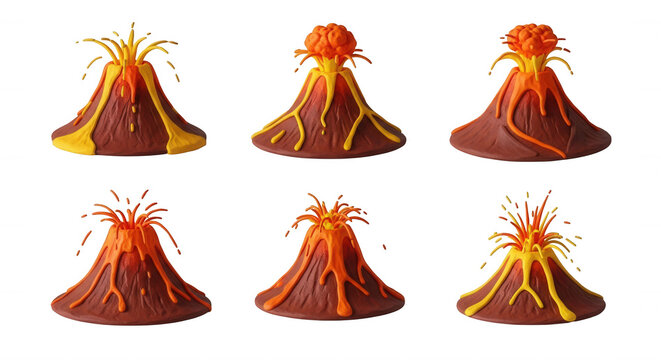 miniature volcano models erupting lava on white background science education volcanic processes